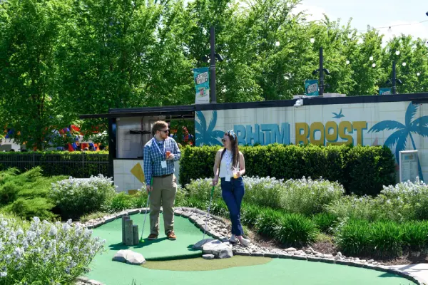 Rooftop mini golf hole overlooking Tysons