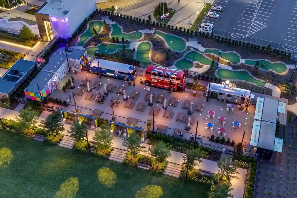 Aerial view of Perch Putt illuminated at night